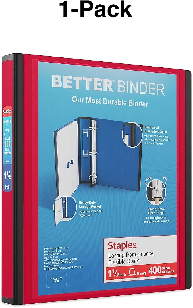 Staples Better Binder, 1.5-Inch D-Ring View, Red, Holds 350 Sheets | Reinforced spine for durable everyday use in office and school settings.