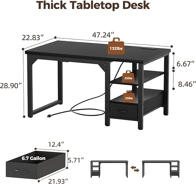 48" Computer Desk with Drawer, 1.2" Thick Reversible Office Desk | Modern Writing Table with Power Outlets & Storage Shelves, Heavy Duty Industrial Study Desk for Home Bedroom Work