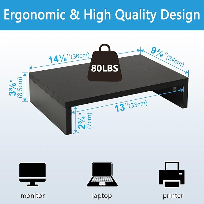 TEAMIX Black Monitor Stand Riser, Wood Desk Organizer for Laptop & Computer | 14.2"L x 9.5"W, Holds 80 lbs, Small Riser with Storage, Ergonomic Minimalist Design, Easy Assembly, For Home Office, Gaming