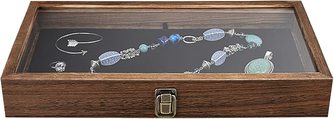 MOOCA Wood Jewelry Display Case with Tempered Glass Top, Black Velvet Pad | Wood display case with a glass top and removable black velvet pad accommodates taller jewelry and collectibles.