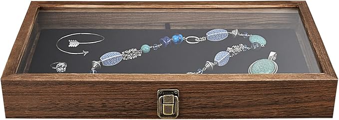 MOOCA Wood Jewelry Display Case with Tempered Glass Top, Black Velvet Pad | Wood display case with a glass top and removable black velvet pad accommodates taller jewelry and collectibles.