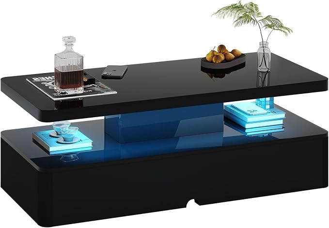 MXV Modern Coffee Table, 40 Inches Coffee Tables with 16 Colors LED Lights, 2 Tier Rectangular Center Table, Large Storage Space, High Glossy Wooden Tea Table for Living Room, Bedroom, Office, Black