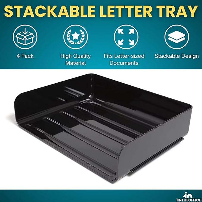 1InTheOffice Stackable Paper Tray Organizer, Plastic Letter Tray, Office Desk Tray, Black (4Pack)