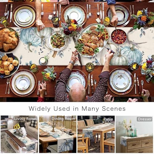 Fall Pumpkin Table Runner Dresser Scarf 18 x 72 Inch White Blue Leaves Rustic Table Runners Non-Slip Heat Resistant Kitchen Dining Table Decor for Autumn Thanksgiving Holidays Indoor Outdoor