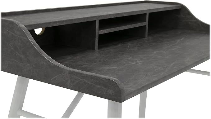 Calico Designs Woodford 45” Wide Modern, Secretary, Writing, Desk with Low Storage Hutch and Whtie Metal Tapered Legs in Marbled Dark Grey, White