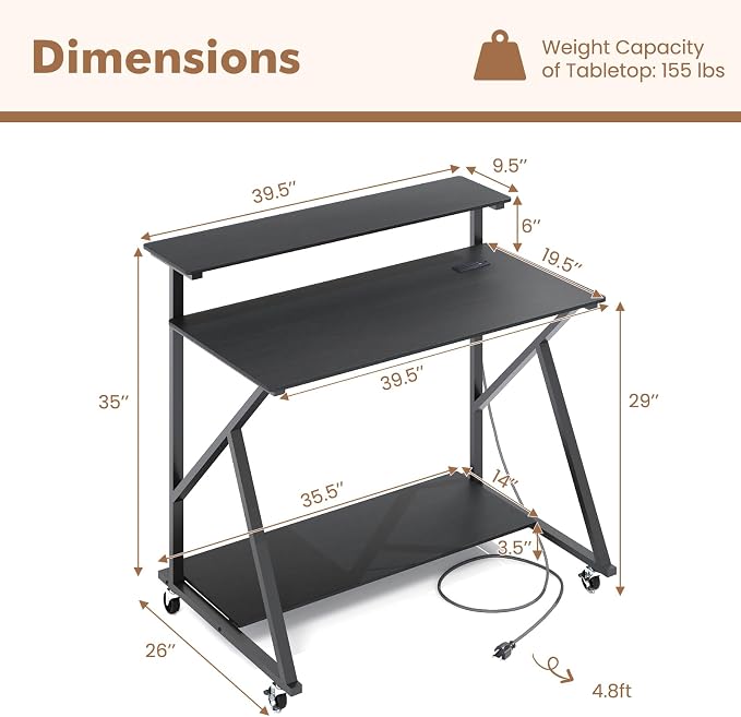Giantex Rolling Computer Desk with Charging Station, Mobile Portable Laptop Desk with Monitor Stand & Storage Shelf, Small Desk with Lockable Wheels for Small Spaces, Home Office (Black)