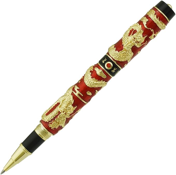 Jinhao Double Dragon Rollerball Pen Red Cloisonne Enamel Handcraft for Signature and Collection