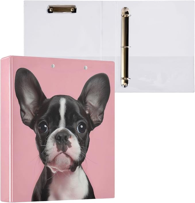 Boston Terrier Puppies Dog Pink 1.5 Inch Binders 3 Ring for Letter Size Holds 200 Sheets Notebook Binder with Clipboard for Women or Men 2 Pack