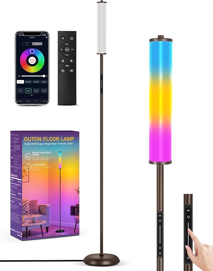 OUTON Bright Smart Floor Lamp with Remote, App & Touch Control, RGB Color Changing Standing Lamp, 2200K-6500K Dimmable, 3 Adjustable Heights, 32 Scenes for Living Room Bedroom Office,Brown