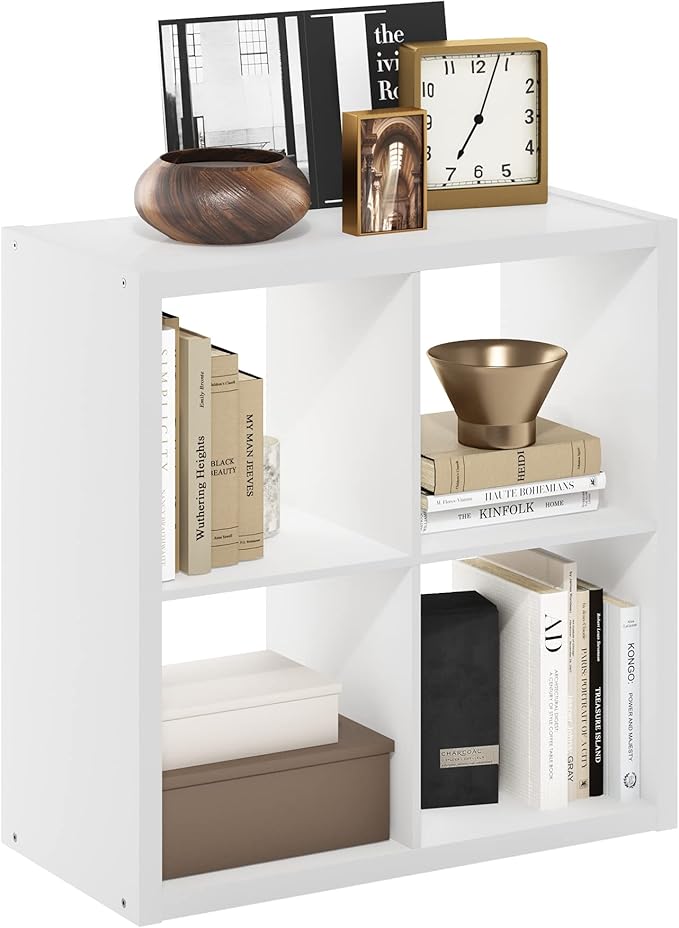 Furinno Cubicle Book Shelf, 4-Cube Bookshelf, Extra Thick Frame Reversible Bookcase with Open Back, 14.6 x 30 x 30, for Living Room, Bedroom, Home Office, Plain White