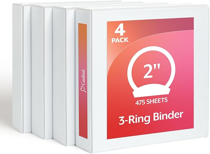 Cardinal 2 Inch 3 Ring Binders, White, 4 Pack, Round Ring Binder, Holds 475 Sheets, PVC Free, Customizable Covers, 2 Pocket View Binders for Office and School Organization