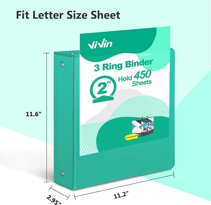 ViVin 2 Inch Round Ring View Binder for Durability, 6 Pack (Lake Green) | Standard 3 Ring Binder for 450 Sheets of US Letter Size Paper, PVC-Free, Clear Front Pocket, Office Home School Use