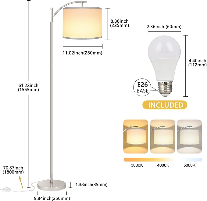 Floor Lamp for Living Room with 3 Color Temperatures LED Bulb, Standing Lamp Tall Industrial Floor Lamp Reading for Bedroom, Office (9W LED Bulb, White Lampshade Included) -Silver