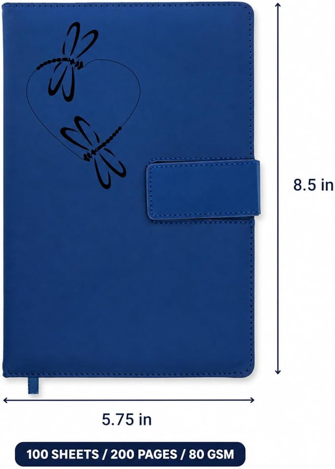 The Amazing Office Dragonfly Heart Refillable Journal, Blue Faux Leather, 200 Lined Pages, 5.75x8.5 Inch Notebook with Magnetic Clasp and Pen Holder, Writing Diary for Women and Men