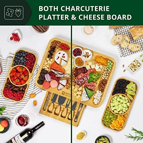 ROYAL CRAFT WOOD Bamboo Cheese Board and Knife Set with Charcuterie Board & Serving Tray with Appetizer Plates & Side Trays (17.5 x 13)