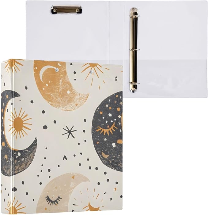 3 Ring Binder Boho Moon Phases Beige White 1.5 inch Binders Three Ring Binders with Clipboard Fit 8.5'' x 11'' Paper 3 Interior PVC Clear Pockets for Office Supplies