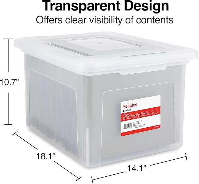 Staples Hanging File Folder Box, Storage Bin Organizer, Snap Lid, Clear | Fits letter and legal size documents. Stackable design keeps files secure and visible.