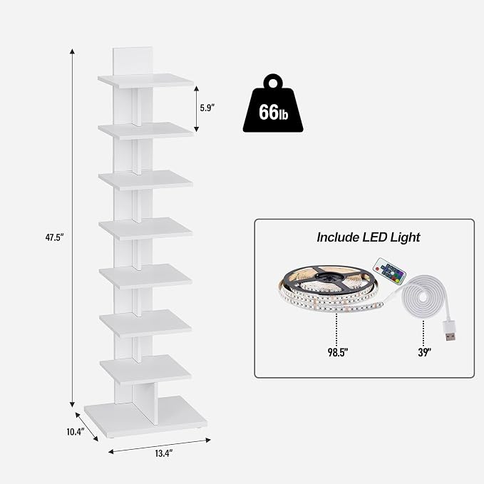 TUTOTAK Book Shelf, Narrow Spine Bookshelf, 8-Tier Bookcase with LED Lights | 10.4 x 13.4 x 47.5 Inches Vertical Freestanding Corner Shelf for Living Room, Office, Small Space, White BS06BW008L