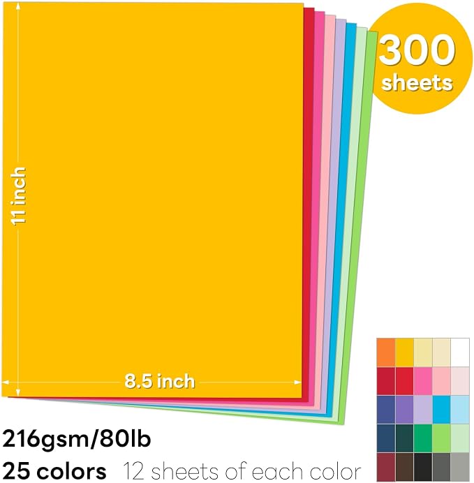 300 Sheets Colored Cardstock 8.5 x 11 Thick Colored paper | Goefun 25 Colors 80lb Construction Paper Assorted Color for Crafts & Printing