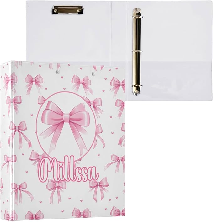 Pink Bows 3 3 Ring Binder with Clipboard Round Ring Binders Personalized Binder 3 Interior Clear Pockets for Office Supplies 2 Pack