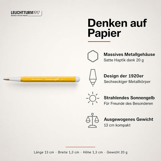 LEUCHTTURM1917 - Drehgriffel Writing Pen (Sunflower) - Ballpoint Pen with Royal Blue Ink Included