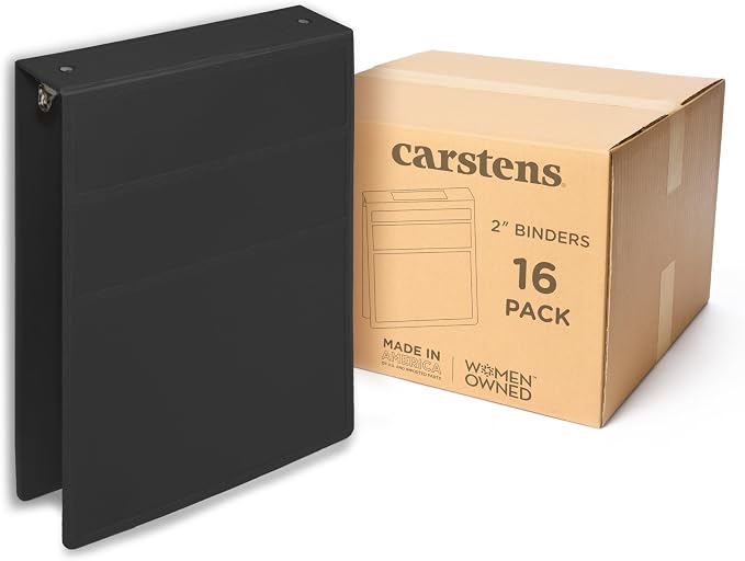 Carstens 2-Inch Heavy Duty 3-Ring Binder - Top Opening, Black, Durable Plastic, No-Gap Rings, Waterproof Cover, No Pockets, Holds 300 US Letter Sheets, BPA-Free, Made in USA (5879-3R), Case of 16