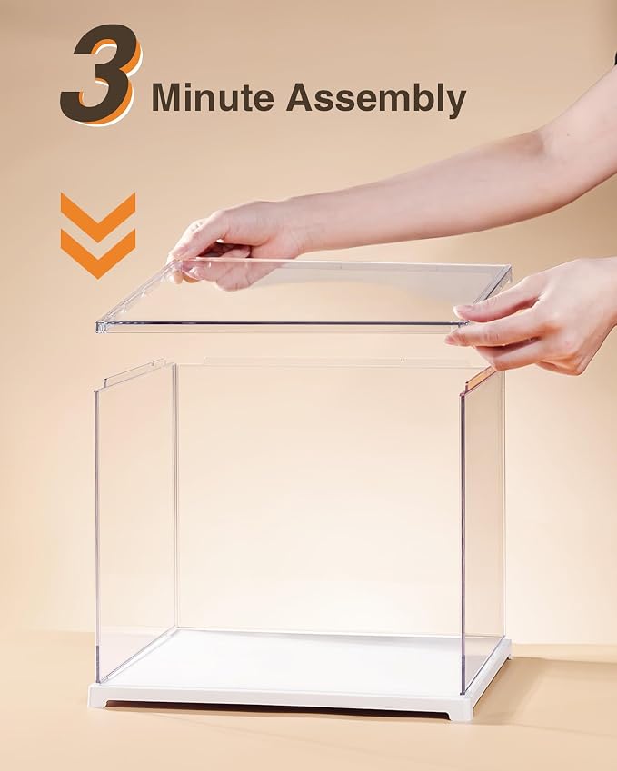 Rolife Acrylic Display Case Dust Cover for Collectibles, Stackable Showcase Dustproof Protection with White Base with Door for Shoes,Books,Toys,Collectibles Memorabilia Figurines(11.3''x9.6''x9.3'')