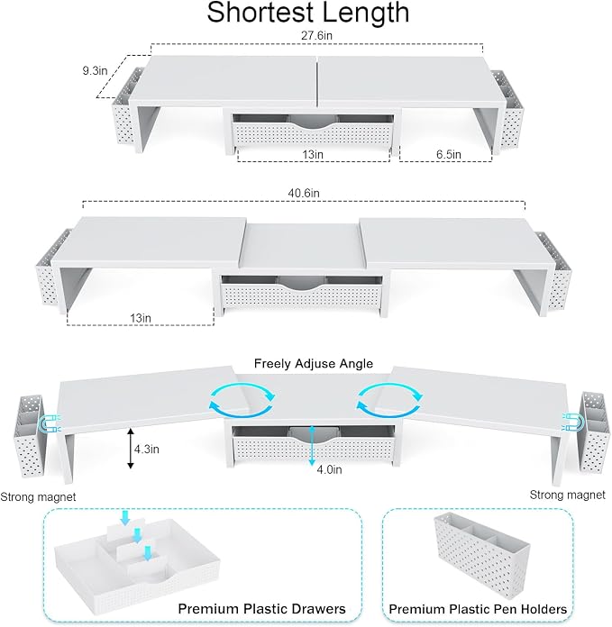 gianotter Dual Monitor Stand Riser With Drawer and 2 Pen Holders | Computer Monitor Stand Desk Organizer and Accessories Desk Shelf for Top of Desk (White)