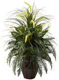 Nearly Natural 6727 3ft. Mixed Greens & Cattails with Planter, 26 x 26 x 36 inches, Green | Lush Lifelike Foliage, Maintenance-Free Maintenance, Decorative Planter Included, Home or Office Decor