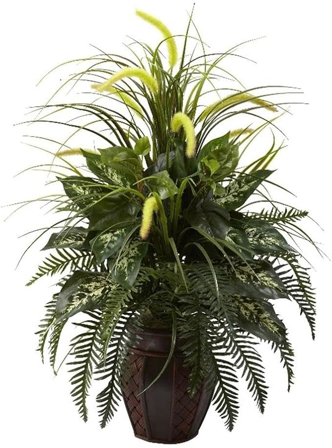 Nearly Natural 6727 3ft. Mixed Greens & Cattails with Planter, 26 x 26 x 36 inches, Green | Lush Lifelike Foliage, Maintenance-Free Maintenance, Decorative Planter Included, Home or Office Decor