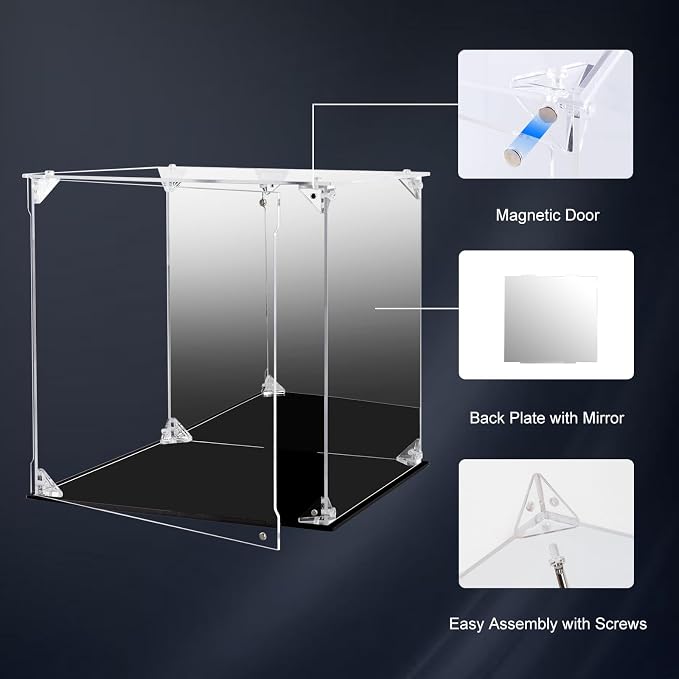 Acrylic Display Case Clear Action Figure Display Case with Mirrored Back, Dustproof Protection Display Box Alternative Glass Case for Collectibles Figures Models Doll Toys (10x10x10 inch, 25x25x25cm)