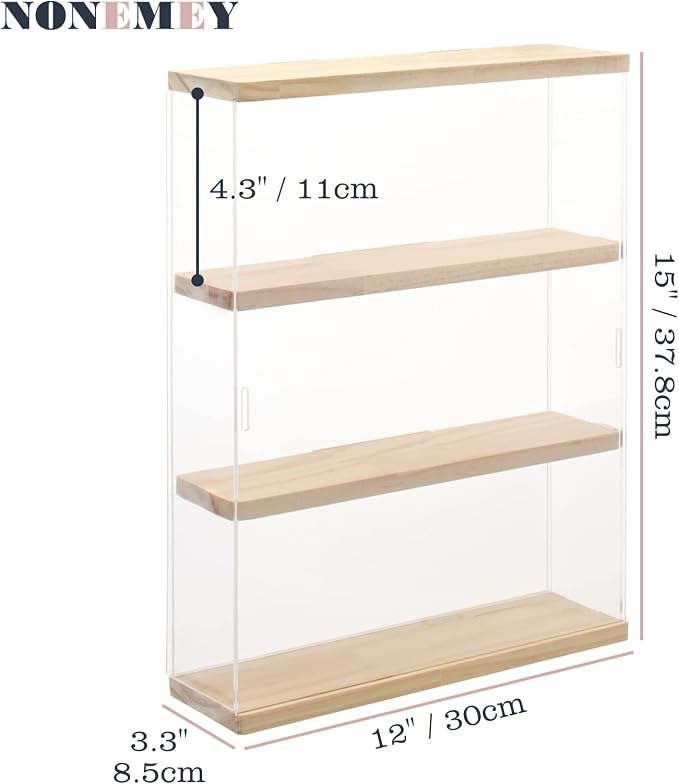 NONEMEY Clear Acrylic Display Case Stand with Wood Base 3 Tier Storage Box Wall Mount Showcase Dustproof Organizer Box for Collectibles (3Tier 12×3.3×15inch)