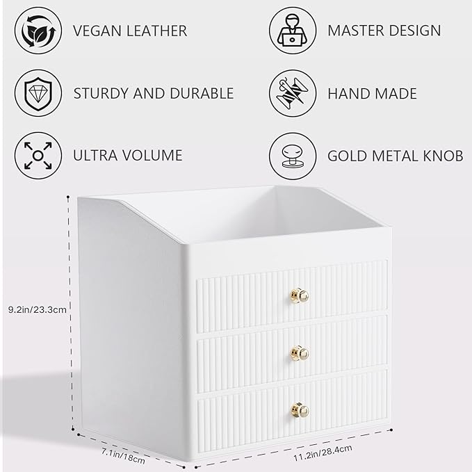 LADSTAG Office Accessories,Begie White Vegan Leather Office Supplies with 3 Drawers & Tray for Desk,Perfume Organizer with Gold-Tone Metal Accents Knob for End Tables,Bedside Table,Bedroom
