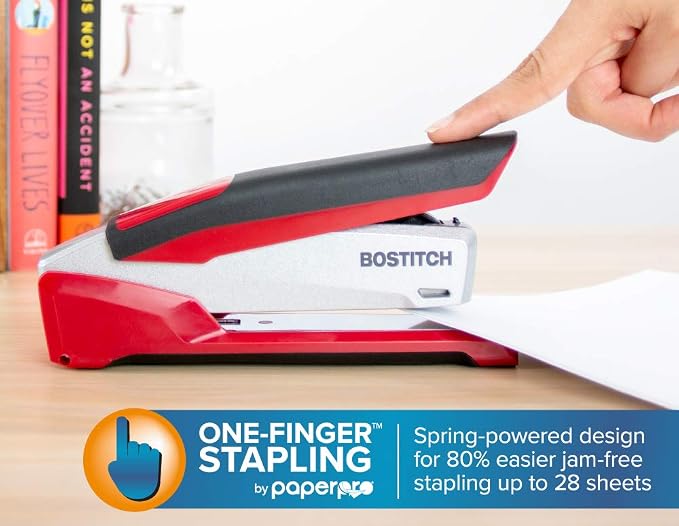 Bostitch Office InPower Spring-Powered Premium Desktop Stapler - One Finger, No Effort, Red/Silver (1117)