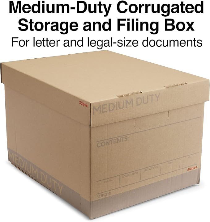 Staples Medium-Duty 100% Recycled Storage Boxes, Letter/Legal, 12-Pack | Eco-friendly stackable boxes for document storage in offices.