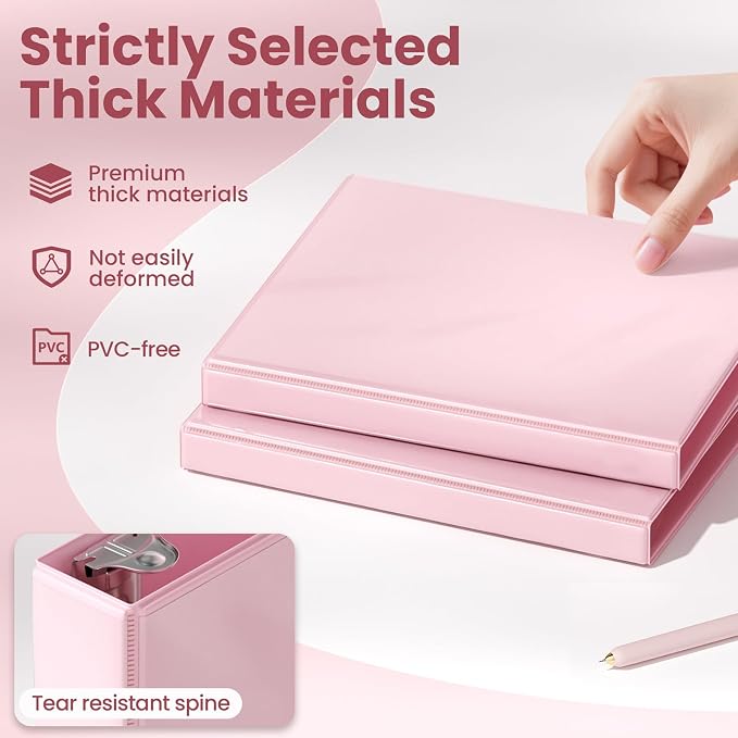 SUNEE 3 Ring Binder, 1/2 Inch D Ring, Clear View PVC-Free (Fit 8.5x11 Inches) for School or Office, Pink, 1 Pack