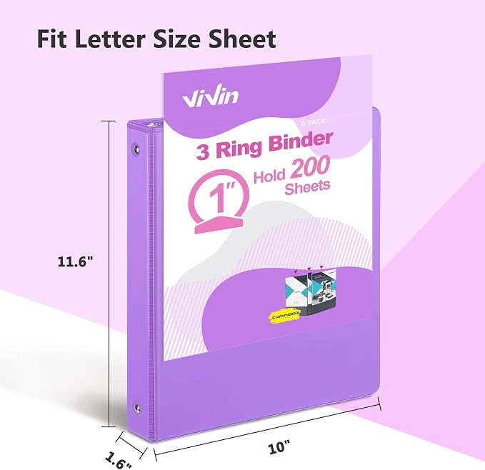 ViVin 1 Inch Round Ring View Binder for Durability, 6-Pack (Purple) | Standard 3 Ring Binder for 200 Sheets of US Letter Size Paper, PVC-Free, Clear View Cover, Office Home School Use