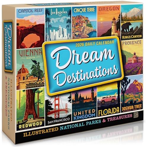 Dream Destinations 2026 Daily Desk Calendar: Page-a-Day Travel Calendar with Illustrated National Parks & World Treasures – Day-to-Day Desktop Calendar for Home or Office