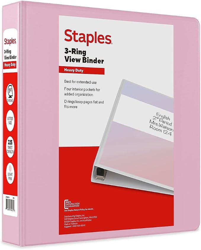 Staples Heavy Duty 1 1/2" 3-Ring View Binder, D-Ring, Light Pink