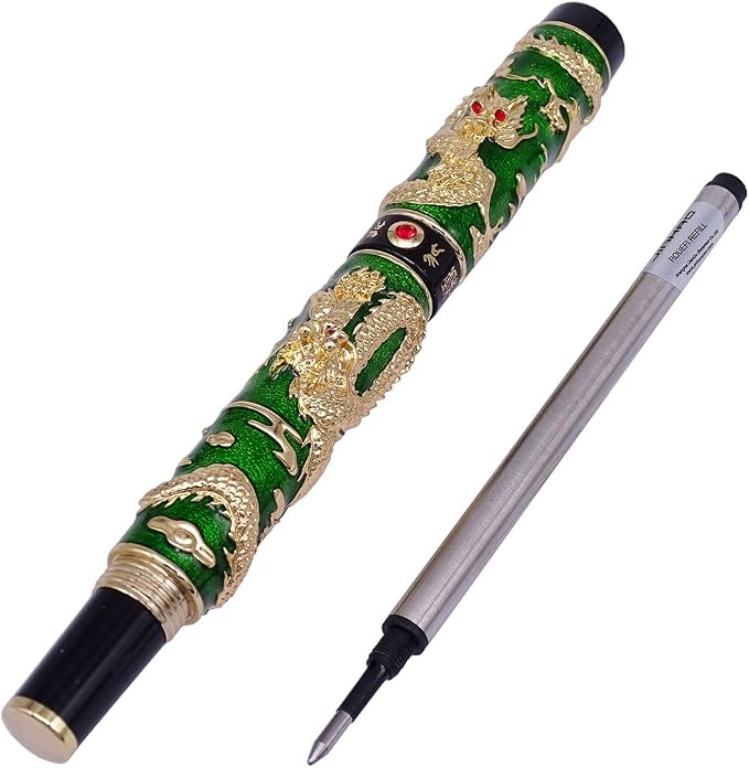 Jinhao Double Dragon Rollerball Pen Green Cloisonne Enamel Handcraft for Signature and Collection