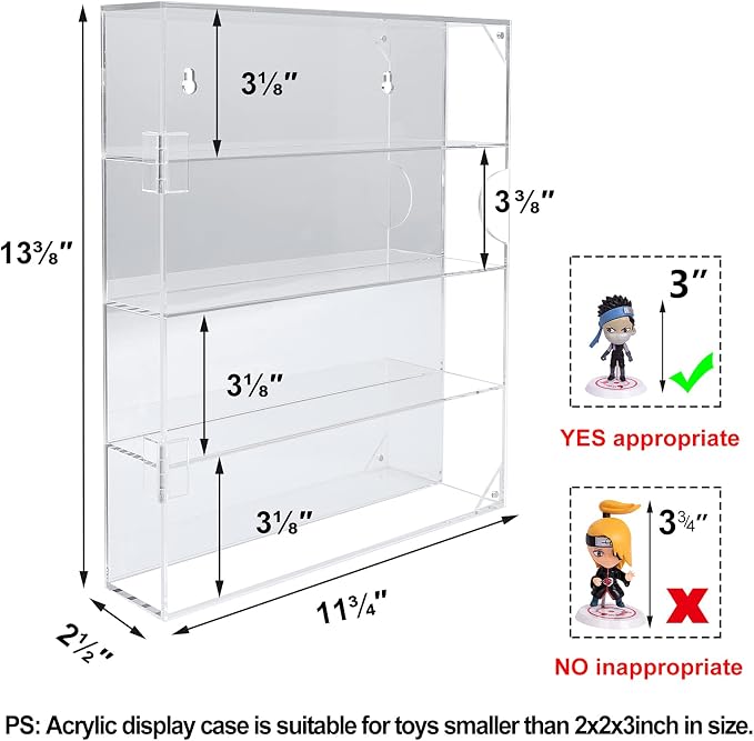 AITEE 4 Tiers Acrylic Display Case with Mirrored Back on Wall or Desktop | 11.77"Lx2.5"Wx13.38"H,4 tiers with mirrored back, wall mount or desktop, enhanced display, for mini collectibles toys stones