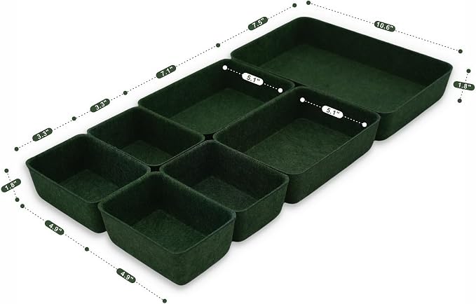 7-Piece Felt Drawer Organizer Bins, Dividers Tray Set, Forest Green