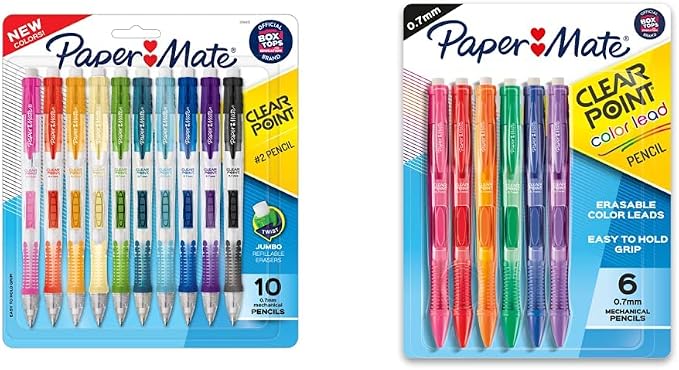 Paper Mate Clearpoint Pencils, HB #2 Lead (0.7mm), Assorted Barrel Colors, 10 Count & Clearpoint Mechanical Pencils, 0.7 mm Lead Pencil, Black Barrel, Refillable, 6 Pack