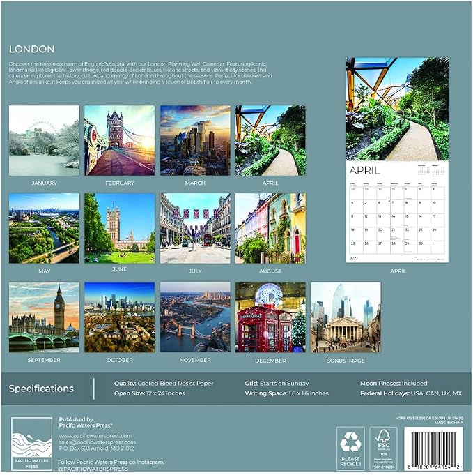 London 2027 Wall Calendar, 12 x 24 Hanging Pacific Waters Press