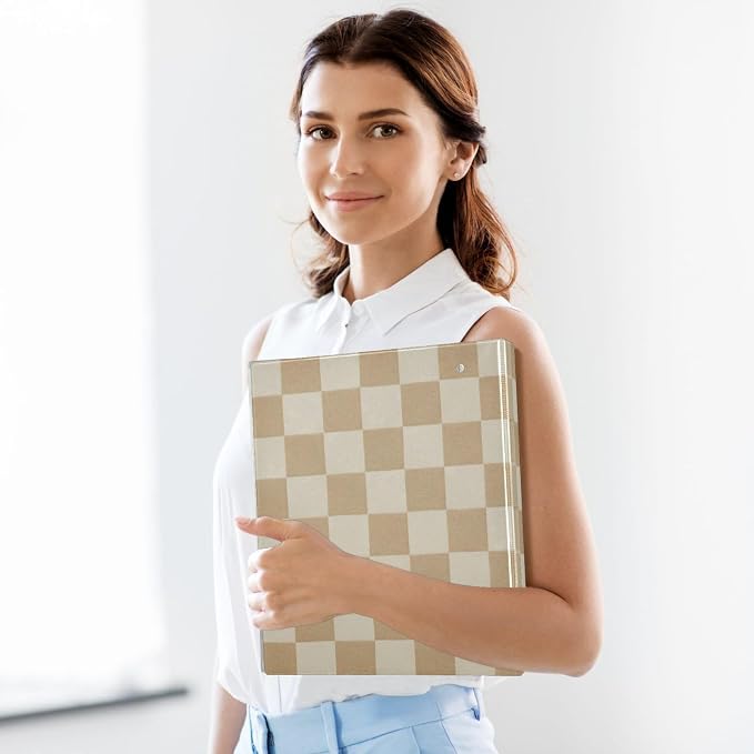 3 Ring Binder with Checkered Beige Design - 1.5 Inch Heavy Duty Three-Ring Binder with 2 Pockets, Round Rings for Office Supplies (Letter Size)