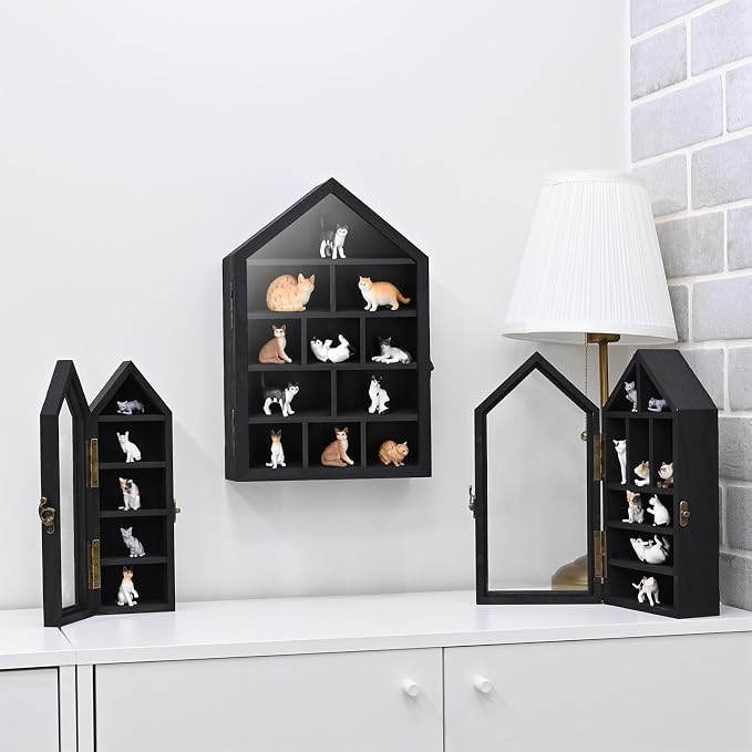 Ikee Design 3-Pc Wall-Mounted Wooden Display Case with Glass Doors | Shadow Cubby Box Display Shelf Wall-Mounted with Door Storage Display Case for Collectibles, Trinkets, Mini Figures, Black