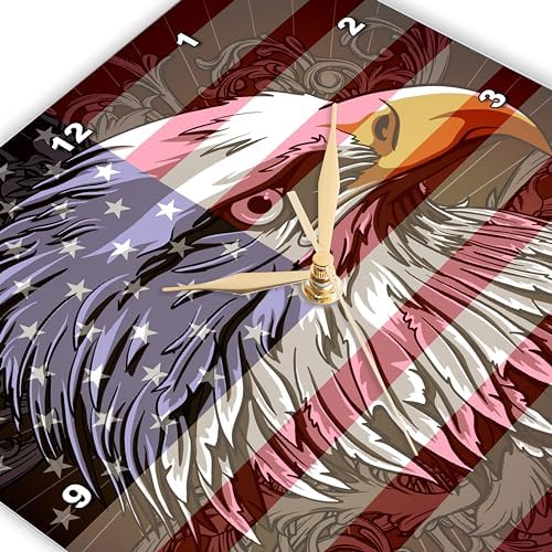 3dRose Wall Clock Silent - 10 inch - Ornate Patriotic Bald Eagle and USA American Flag Pride Great for Fourth of July Independence Day - Patriotic Designs