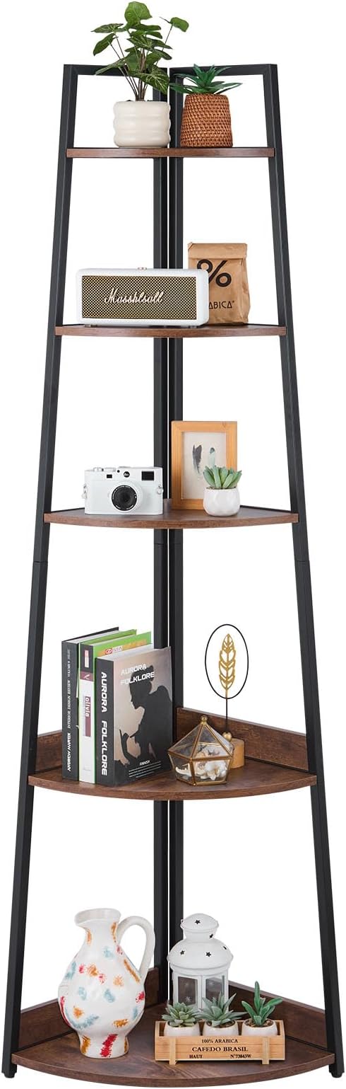 VEVOR 5 Tier Corner Shelf, Tall Corner Bookshelf Plant Rack, Wall Shelves Tower Storage Organizer with Metal Frame & Wooden Shelves, Narrow Display Book Shelf Rack for Bedroom, Living Room, Office