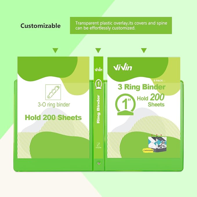 ViVin 1 Inch Round Ring View Binder for Durability, 6-Pack (Ivy Green) | Standard 3 Ring Binder for 200 Sheets of US Letter Size Paper, PVC-Free, Clear View Cover, Office Home School Use