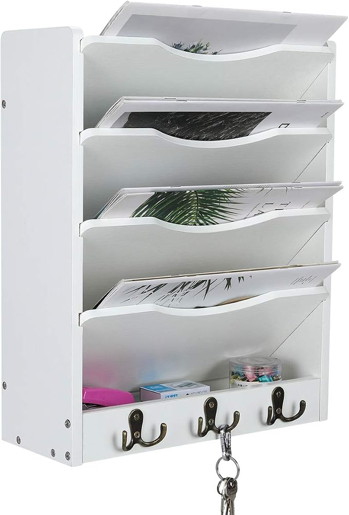 5-Tier Wall File Holder Hanging Mail Organizer Wood Magazine Literature Rack with 6 Hooks, White
